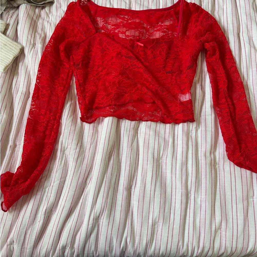 Red Crop Wrap Blouse